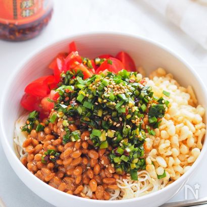 『にらだれ納豆そうめん』切って和えるだけ5分でいただきます!