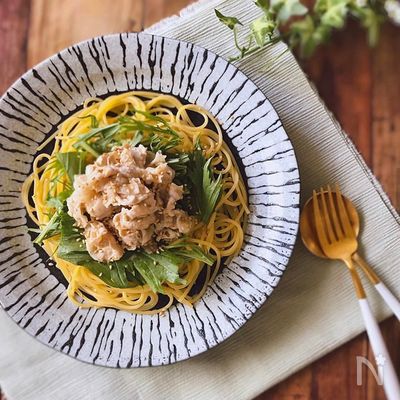 豚しゃぶと水菜の和風バター醤油パスタ
