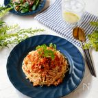 大豆麺と大豆ミートソースの野菜たっぷりパスタ