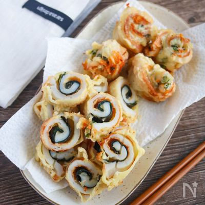 副菜やお弁当に♪大葉のりチーズののくるくるちくわ揚げ