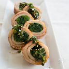 ほうれん草のうすさつ豚巻き 中華風ニラだれ