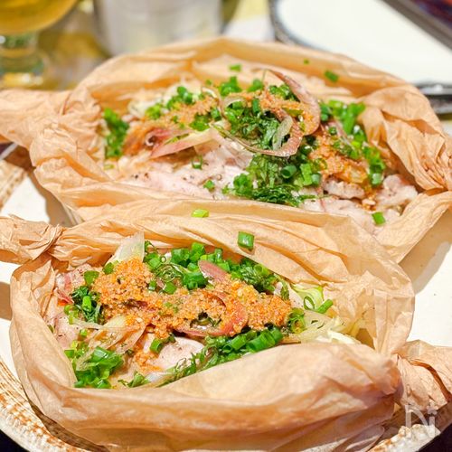 【レンチン一発！蒸しゃぶ風】豚肉、えのき、きゃべつをたっぷり