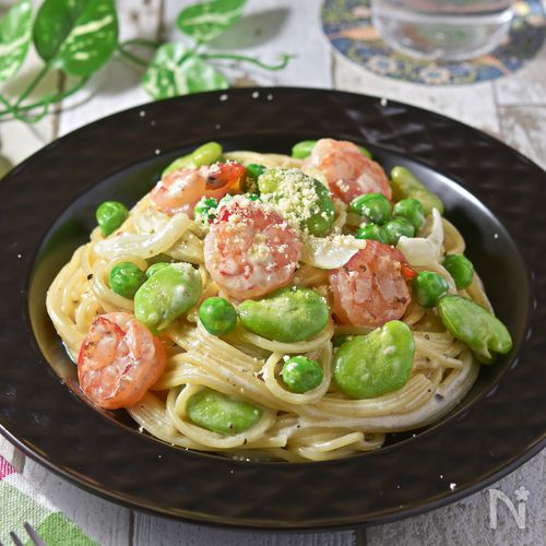 【えびと豆のクリームパスタ】まるでお店の味♪旬の濃厚パスタ