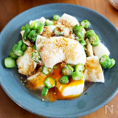 『豆腐とオクラの温玉わさび醤油』簡単ヘルシー☆和風サラダ♪