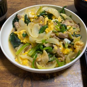 ゆーなの作ってみた!投稿(ほうれん草と卵と豚肉の《とろ～りあんかけ炒め》)