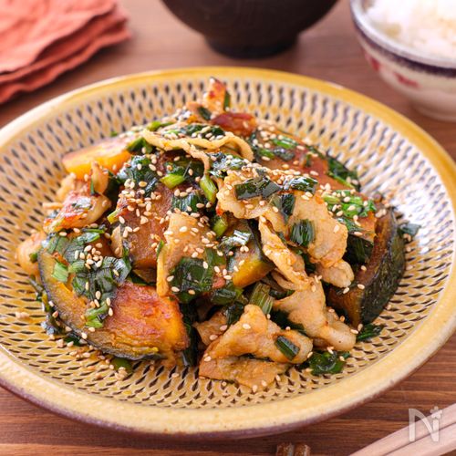 【かぼちゃと豚肉のニラだれ炒め】ほくほく♡ニラだれで風味UP