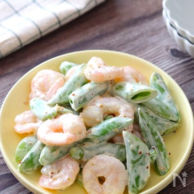 食感もイイ♡むき海老とスナップえんどうのレモンマヨサラダ