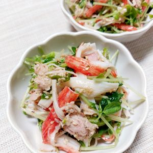 よっこの作ってみた!投稿(豆苗とかにかまのツナごま和え【節約におすすめ！簡単副菜♪】)