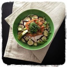 茄子と冷しゃぶの甘辛キムチ素麺