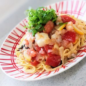 Patchouli🐱🐾の作ってみた!投稿(うま味溢れる【完熟トマトの冷製シーフードパスタ】)