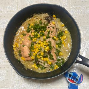 あ〜の作ってみた!投稿(フライパン1発で衝撃の旨さ!味噌バタコーンで鮭ちゃんちゃん)