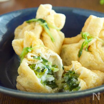 豆苗と長芋たらこの巾着煮