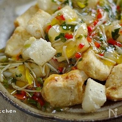 揚げ餅と豆腐の彩り野菜餡かけ