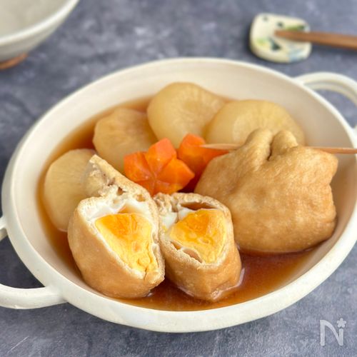 巣ごもり卵きんちゃくと根菜のじゅわっと煮