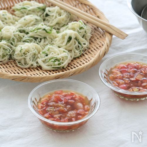 明太トマトだれ 青じそそうめん