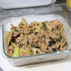 1158109の作ってみた!投稿(豚肉と蓮根と小松菜の甘酢炒め【ごはんがすすむ♪】)