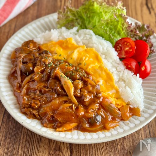 お手軽【オムハヤシライス】おうちの調味料でOK♪