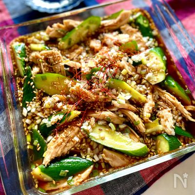 【レンチン蒸し鶏と胡瓜のよだれ鶏風】レンジで簡単時短♪
