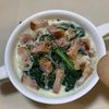 楽ラク手抜キッチン🐶🐾の作ってみた!投稿(カップに入れてチン!「ほうれん草とベーコンの豆乳春雨スープ」)
