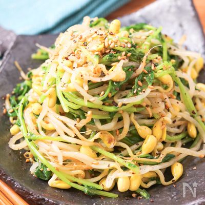 豆もやしと豆苗のやみつきナムル【レンジで簡単☆包丁不要】