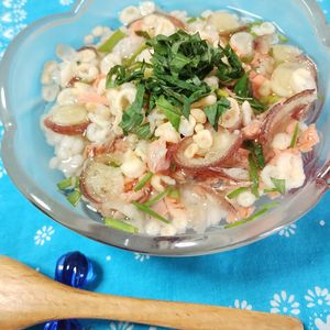 M＊Pの作ってみた!投稿(冷やし茶漬け　もち麦と鮭とオクラ)