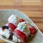 島豆腐と鰹のたたき巻き　酒盗薬味チーズのせ
