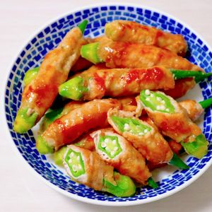 まゆの作ってみた!投稿(オクラの肉巻き柚子胡椒わさびソース♩レンジで簡単！めちゃうま)