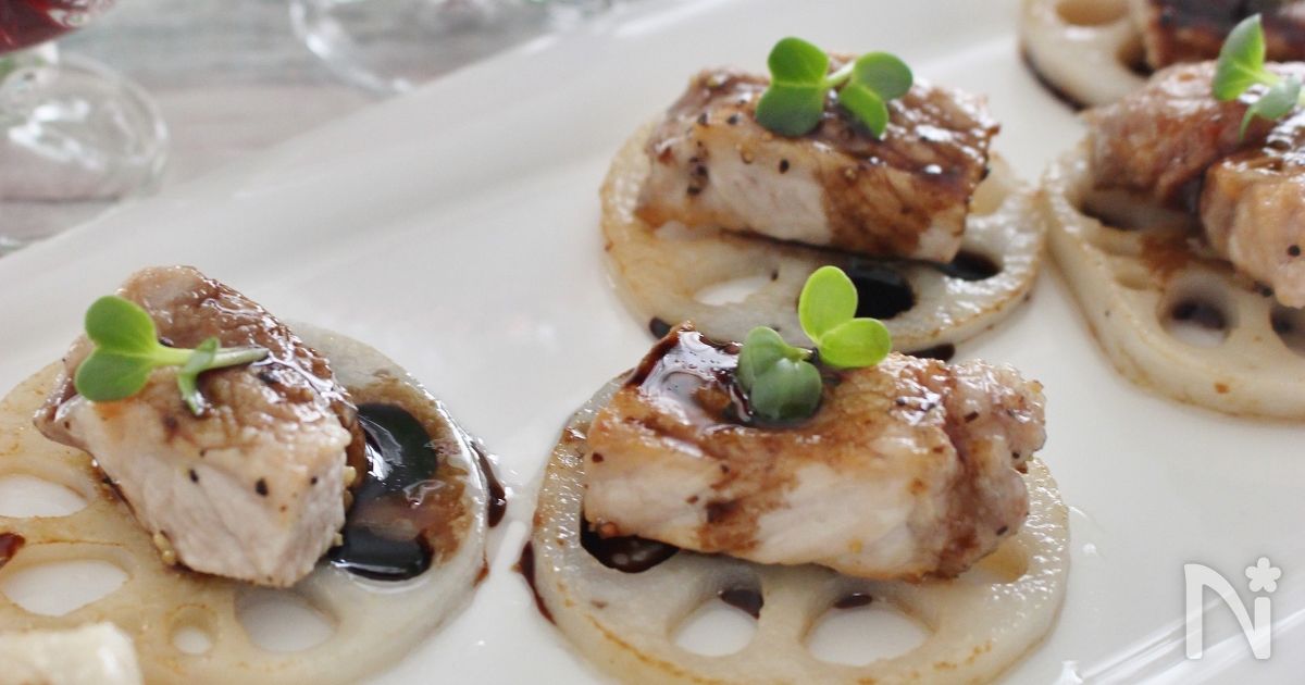 レンコンと豚肉のソテー、バルサミコソース