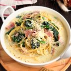 もっちり生パスタ風♪時短ベーコンとほうれん草のスープパスタ