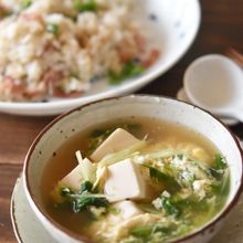 ごろごろ豆腐と水菜のかき玉スープ