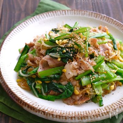 豚バラと豆もやしと小松菜のさっぱり炒め
