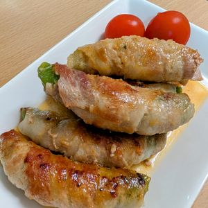 まゆのの作ってみた!投稿(【スナップえんどうの豚巻きしょうが旨だれ】うどんスープで簡単)