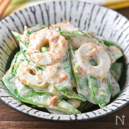 【さやえんどうの梅マヨおかか和え】シャキシャキでコク旨！