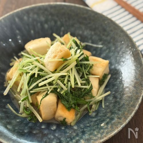 材料ふたつで副菜！《水菜とはんぺんのガーリックバター炒め》