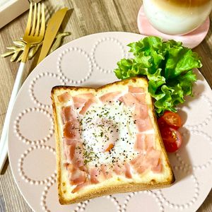 のりのり🐾🎀🤍の作ってみた!投稿(のせて焼くだけ♪まるでカフェのモーニング「カルボ風トースト」)