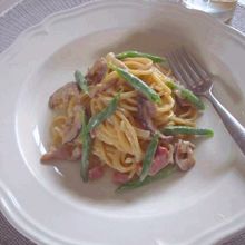 干し椎茸とベーコンの豆乳クリームスパゲティー