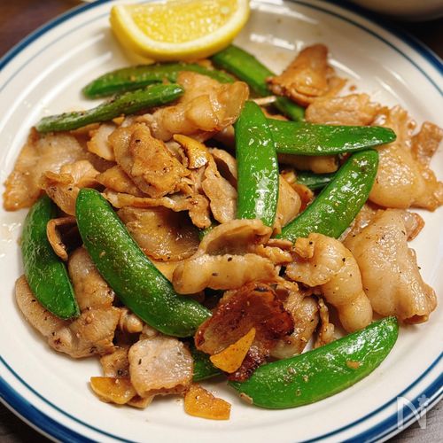 【豚肉とスナップエンドウのにんにくペッパー炒め】簡単おかず♪