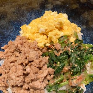ミントミントの作ってみた!投稿(【甘辛そぼろの三色丼】10分で即完成♡ごはんとの相性抜群!)