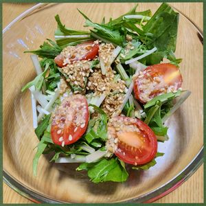 ナムディの作ってみた!投稿(【水菜とトマトのごまだれサラダ】混ぜてかけるだけ！)