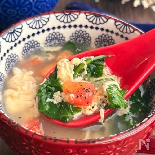 【５分でスープ】トマトとレタスとふわふわ卵の中華スープ