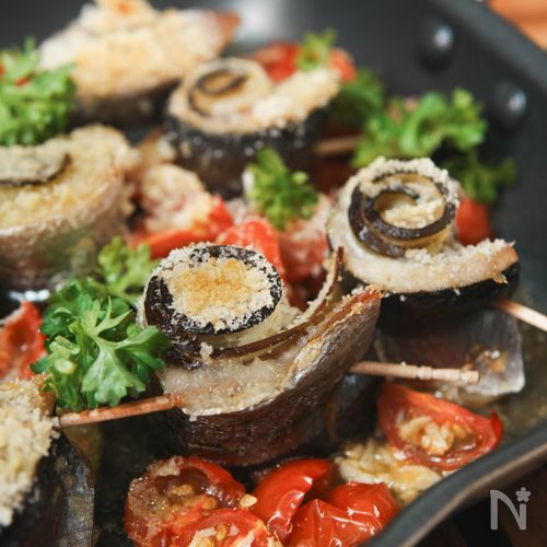 秋刀魚となすのパン粉焼き