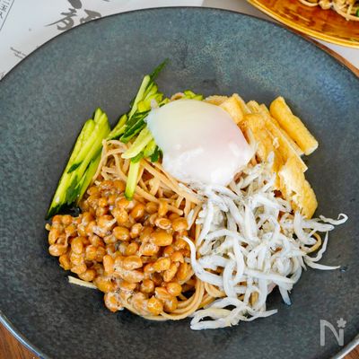 夏のさっぱり麺♪【しらすと納豆の大豆麺】