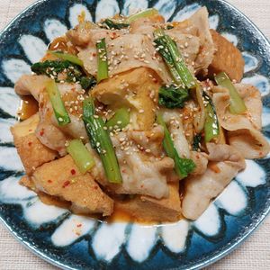 よっこの作ってみた!投稿(レンジで8分重ねてチン！包丁・まな板不要♪【厚揚げ豚キムチ】)