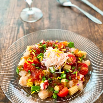 夏野菜と魚介のポン酢ジュレサラダ