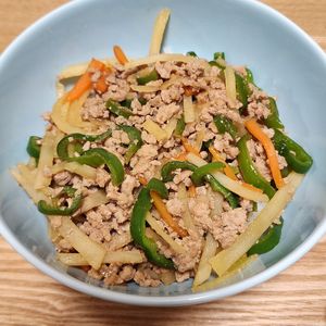 あやそうかえでの作ってみた!投稿(【細切り野菜とひき肉の青椒肉絲丼】1皿満足レシピ♡)