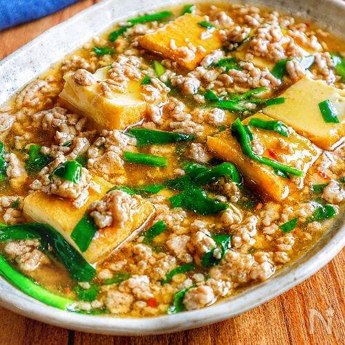 10分で爆速♪【ひき肉とニラ厚揚げのピリ辛とろとろ中華煮】