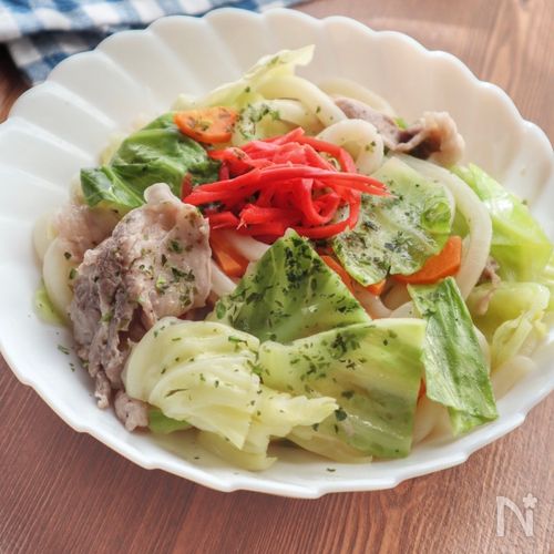 レンチン7分♪豚肉と野菜の旨塩ダレうどん