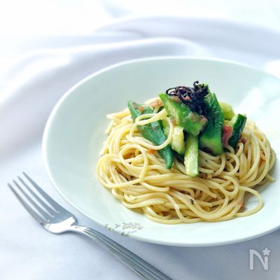 さっぱり美味しい♡＊たたききゅうりとオクラの冷製梅パスタ＊