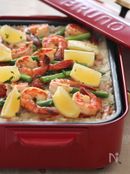 ホットプレートで作る、シーフードパエリア。