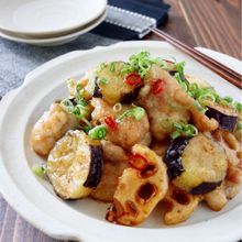 鶏もも肉と茄子と蓮根の甘酢炒め